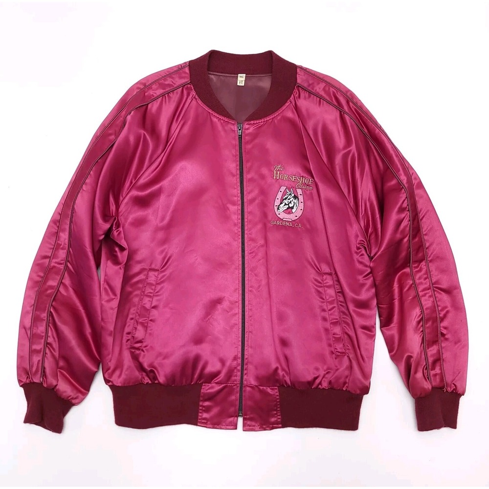 Vintage HORSESHOE Casino Embroidered Magenta Pink Satin Jacket 2XL High Roller